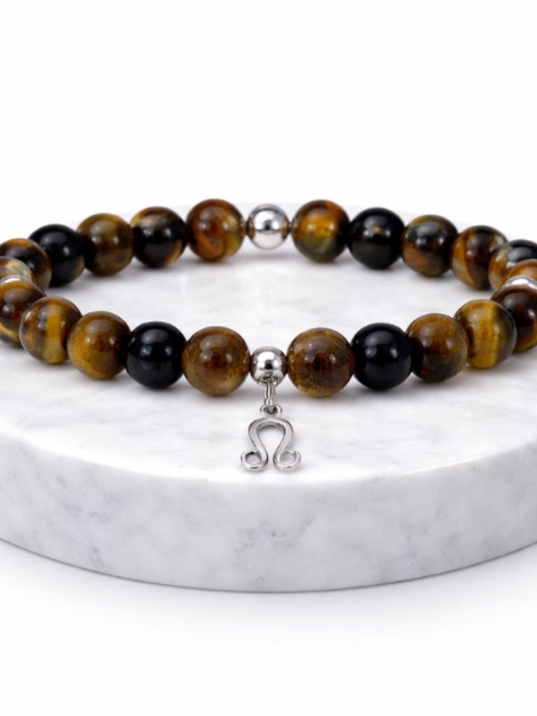 Leo Tiger Eye Black Onyx Bracelet Silver Zodiac Charm Beaded Stretch Jewelry